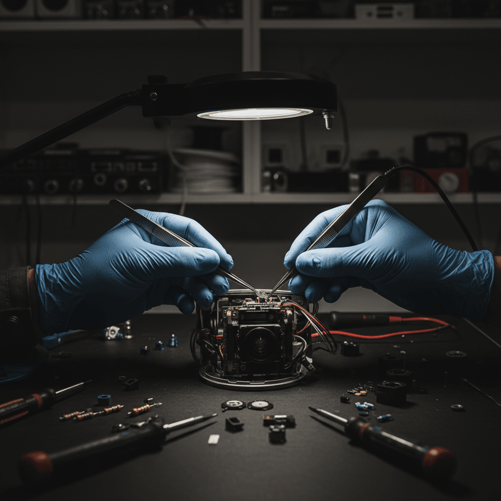 Technician repairing CCTV camera at workbench