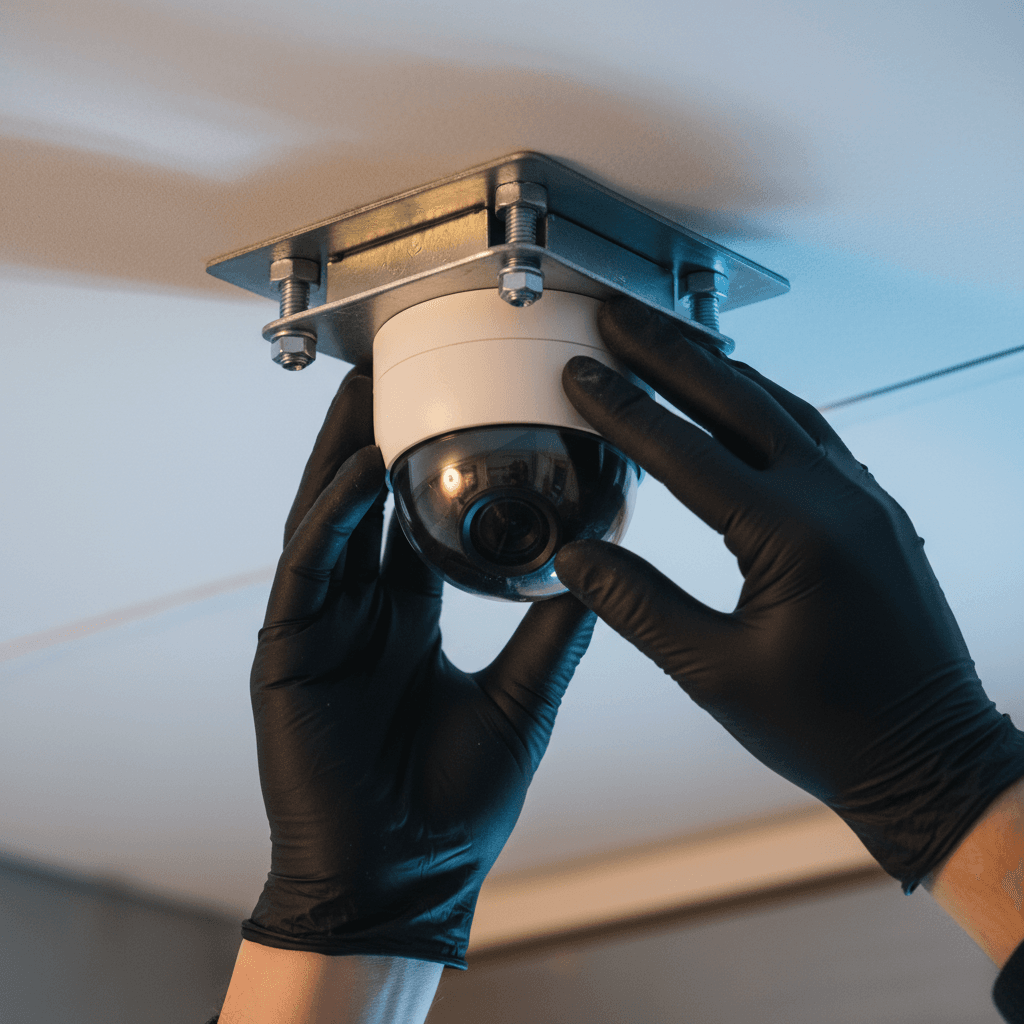 Hands in black gloves installing a white dome security camera onto a metal ceiling mount.