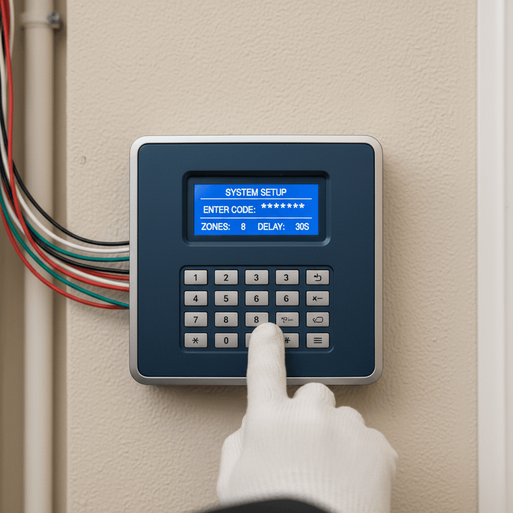 Technician programming alarm control panel during installation